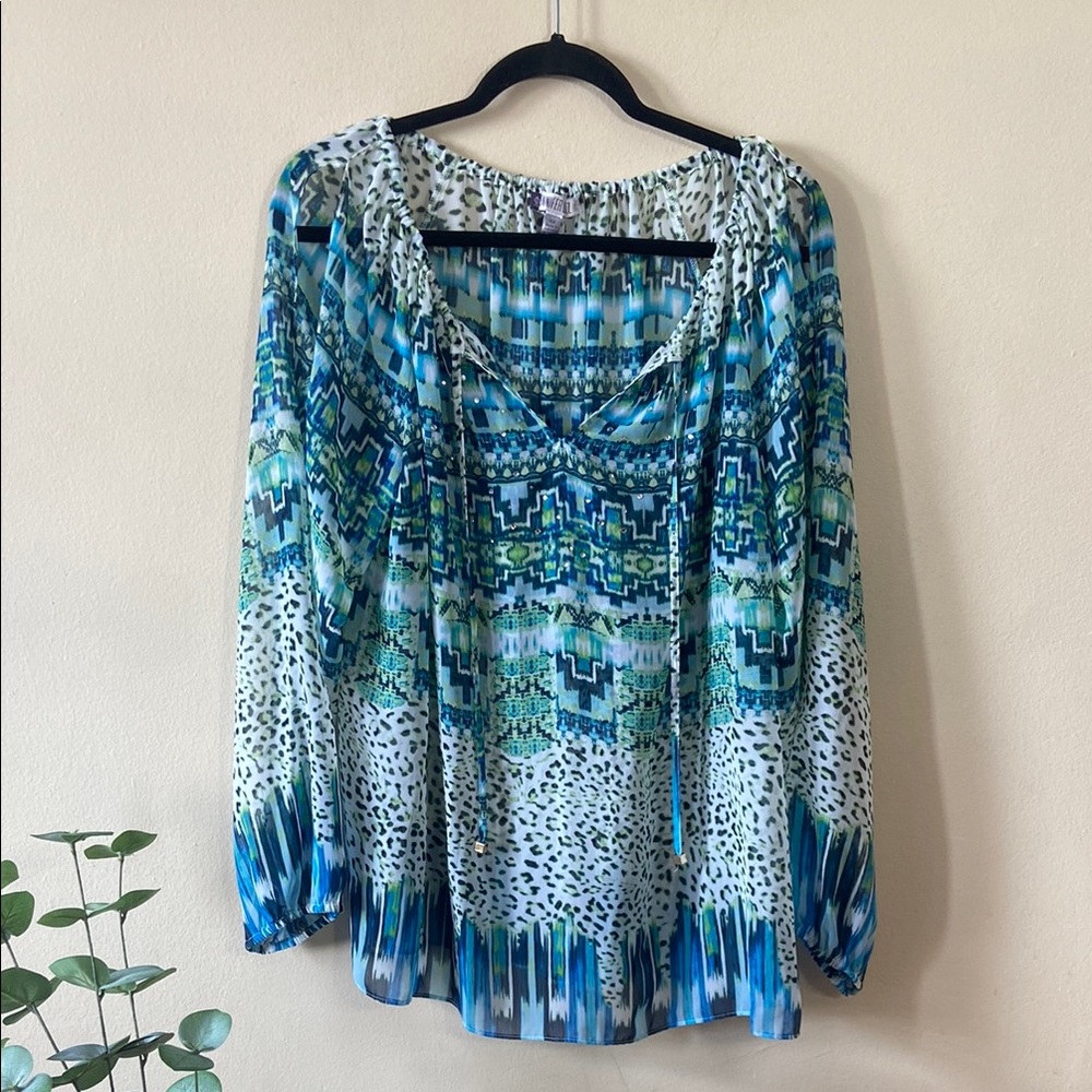 Jennifer Lopez Blue Green Boho Cold Shoulder Sheer Blouse Plus 0X Festival Pool